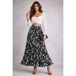 Max Studio Maxi Skirt Womens L Black Floral Boho Cottagecore Romantic Prairie